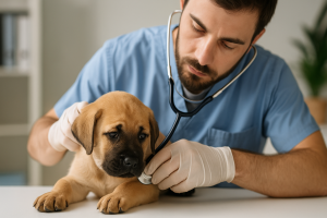 Medico Veterinario examina cachorro